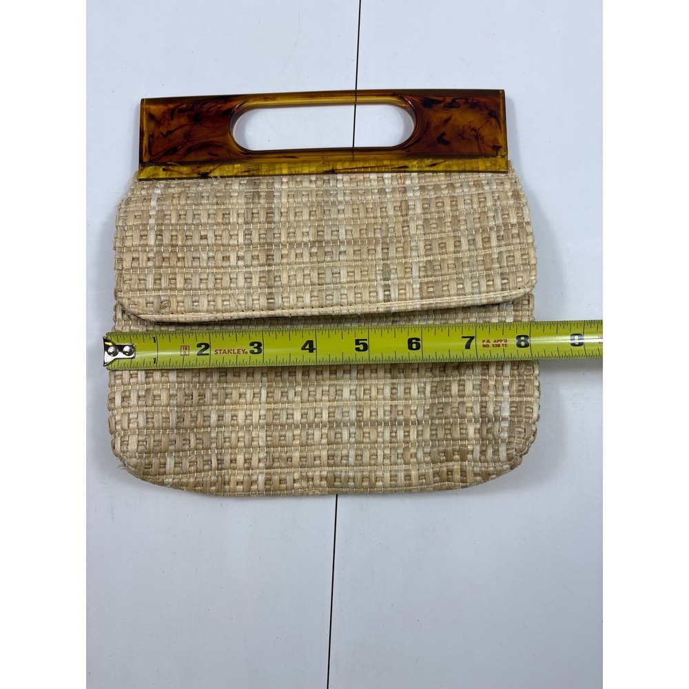 Vintage Woven Straw Handbag Tortoiseshell Acrylic Handle Crossbody Clutch Tan - Picture 2 of 8